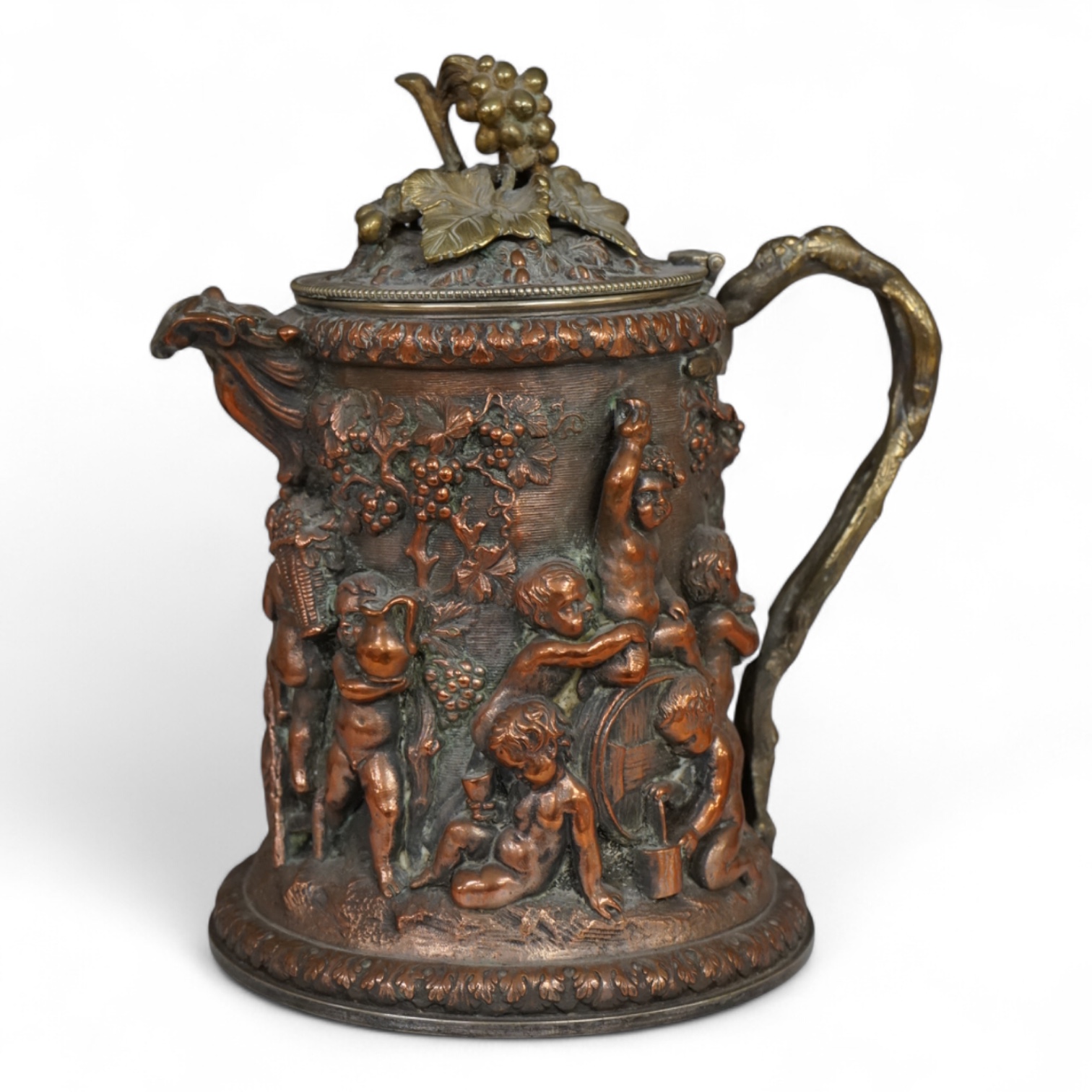 A copper Bacchus jug trophy, presentation inscription 1872, 21cm